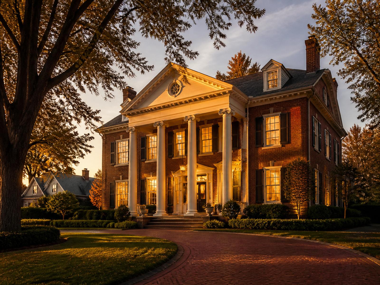 Historic brick colonial in Perrysburg with columned portico at dusk