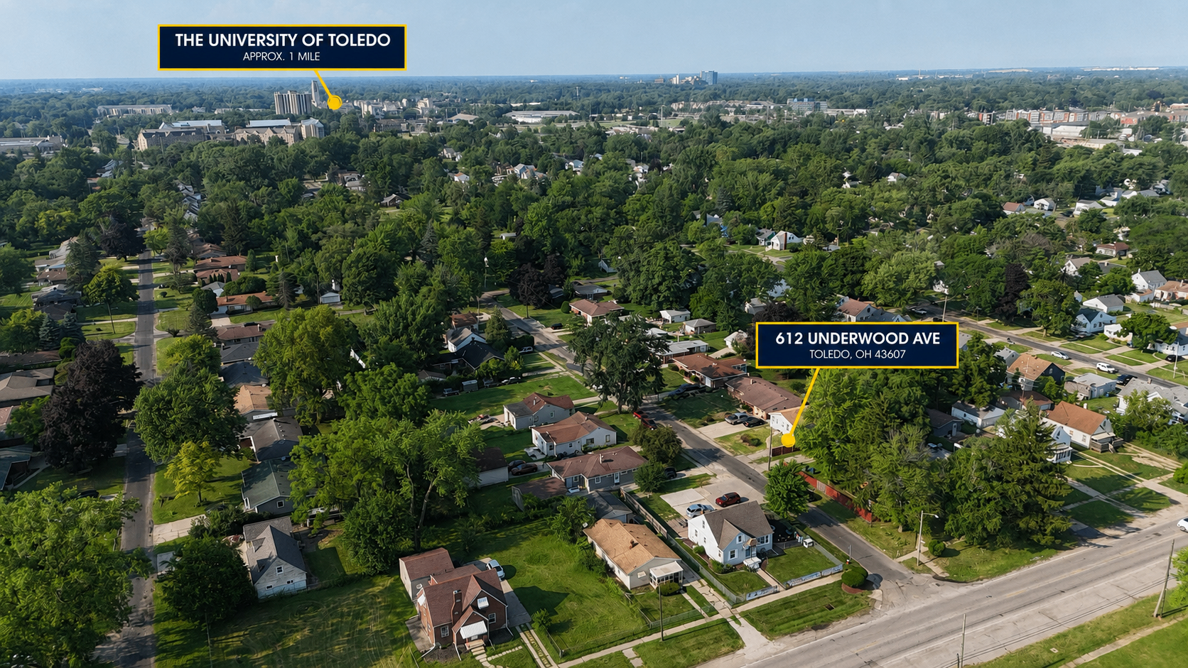 Aerial view showing 612 Underwood Avenue and its proximity to The University of Toledo
