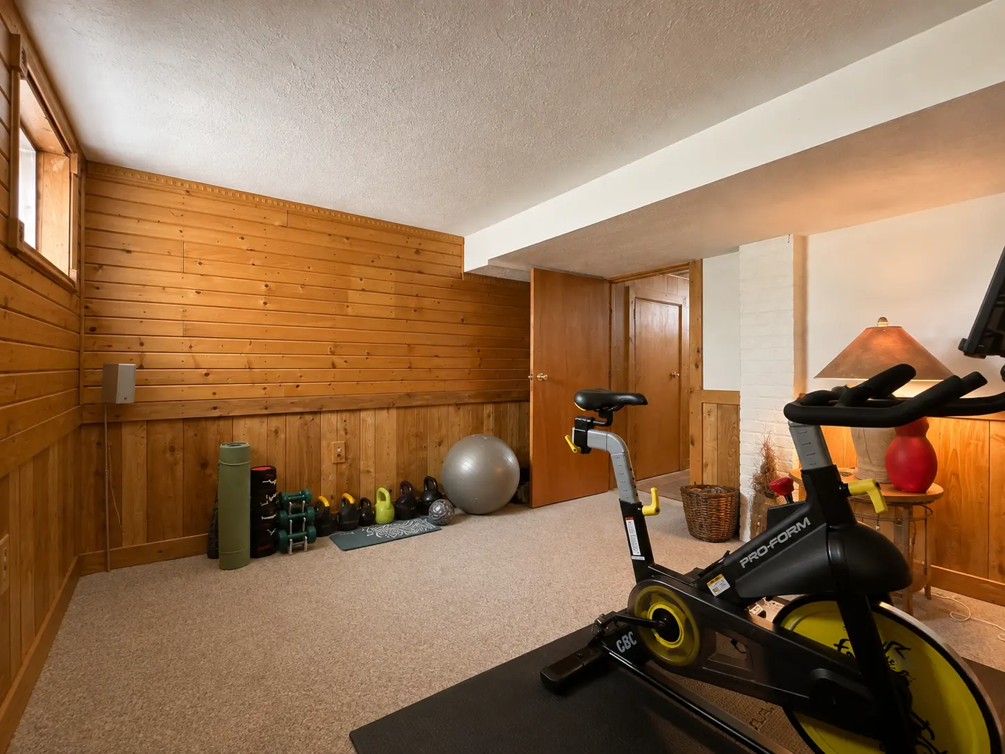 Finished basement rec room at 3718 Revere Drive with wood paneling, carpet, and daylight windows