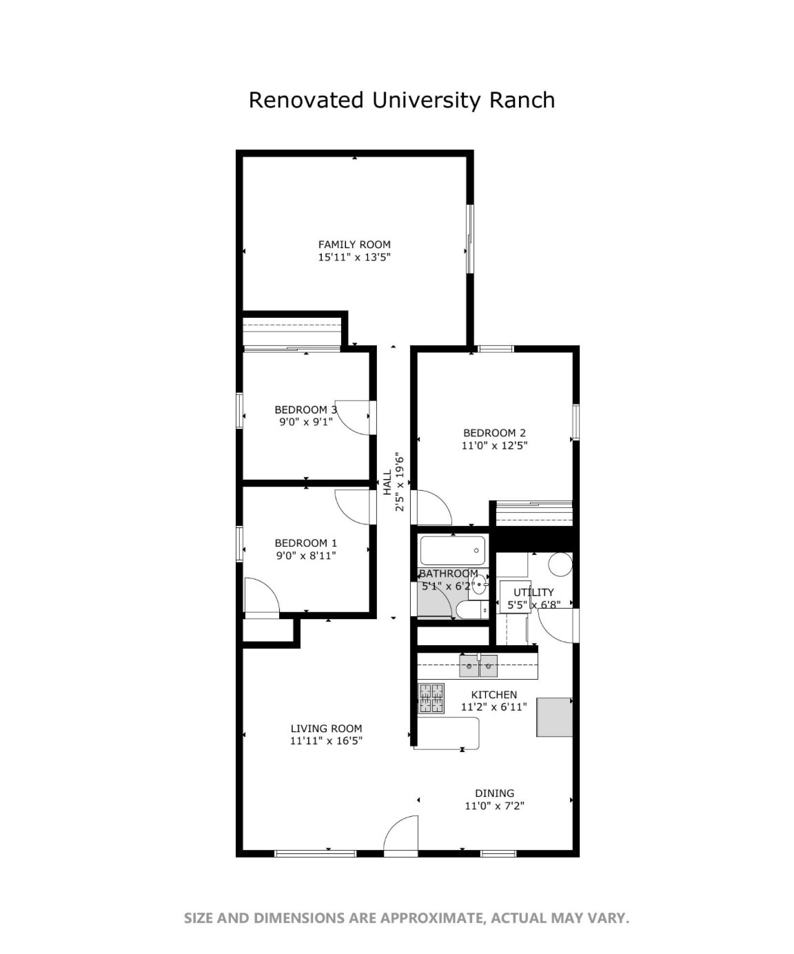 Floor plan of 612 Underwood Avenue showing living room, kitchen, dining, three bedrooms, bathroom, utility, and family room