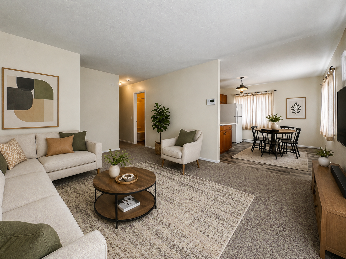 Staged living room with sectional sofa, accent chair, and dining area beyond