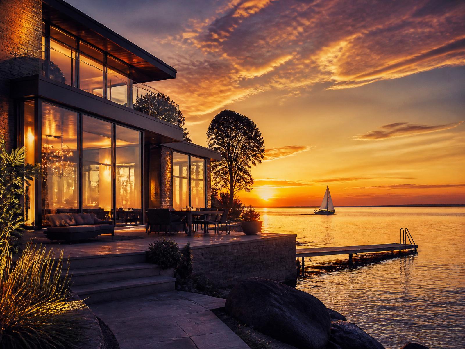 Modern lakefront home on Lake Erie with private dock at sunset
