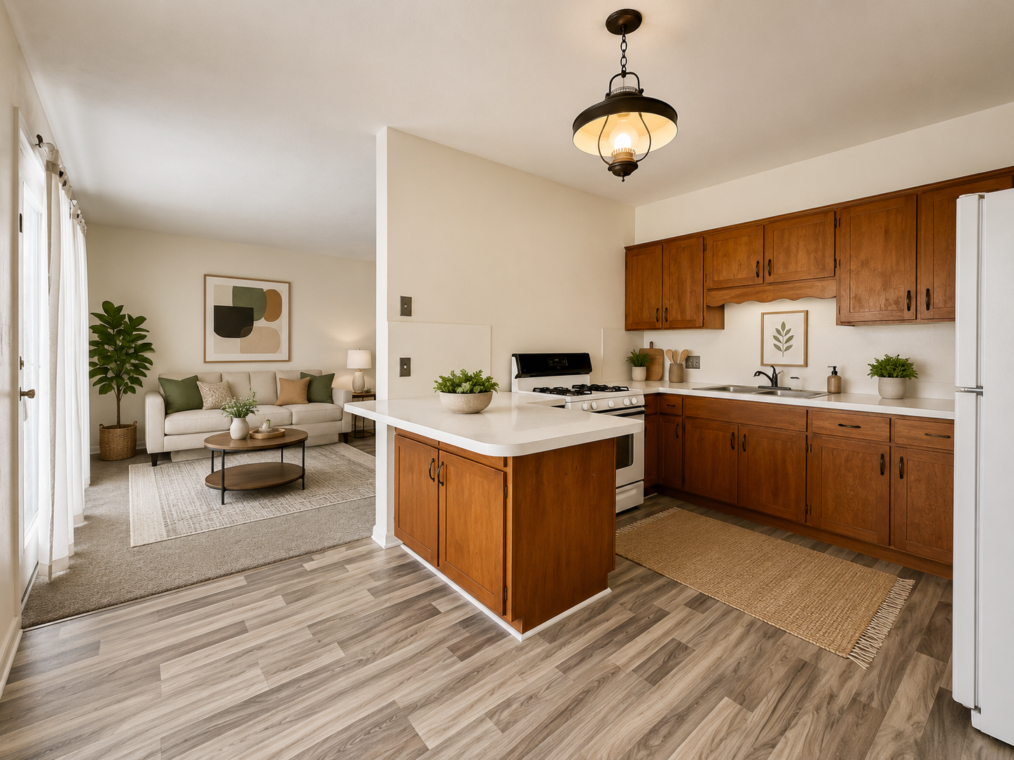 Staged kitchen with breakfast bar, gas range, and view into the living room